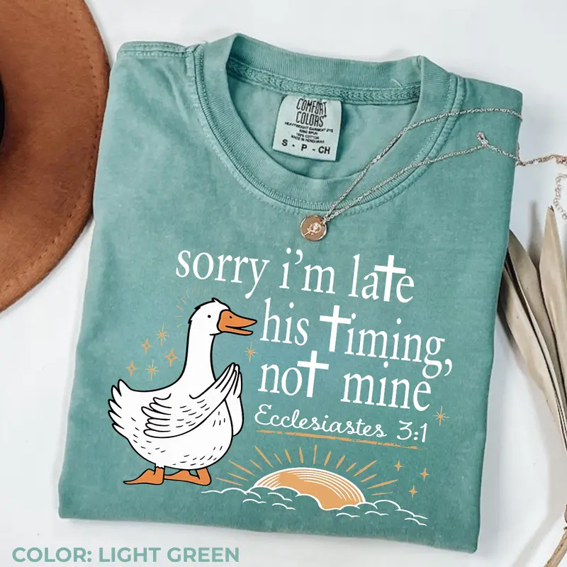 Sorry I'm Late His Timing Not Mine goose Ecclesiastes Christian tee