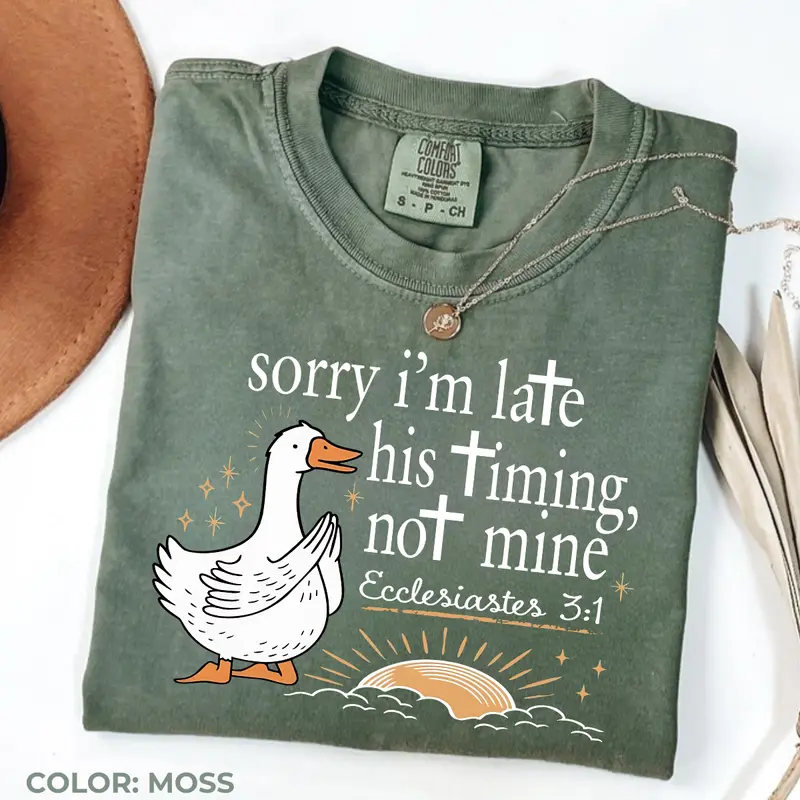 Sorry I'm Late His Timing Not Mine goose Ecclesiastes Christian tee