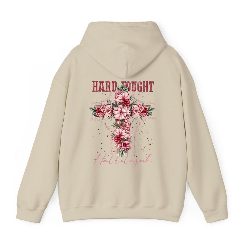 Hard Fought Hallelujah floral cross Christian shirt, small cross on front and full print on back