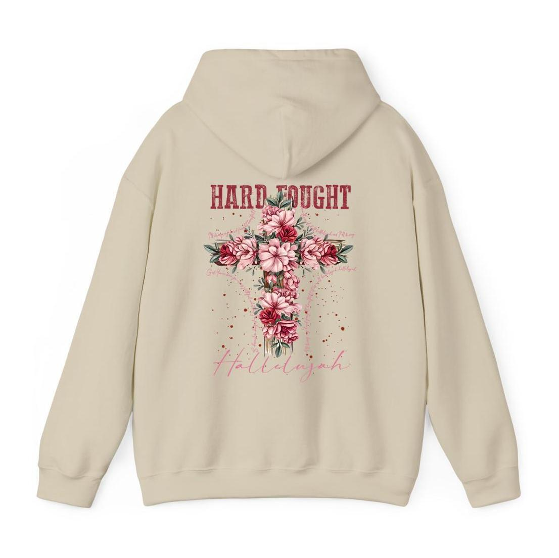 Hard Fought Hallelujah floral cross Christian shirt, small cross on front and full print on back