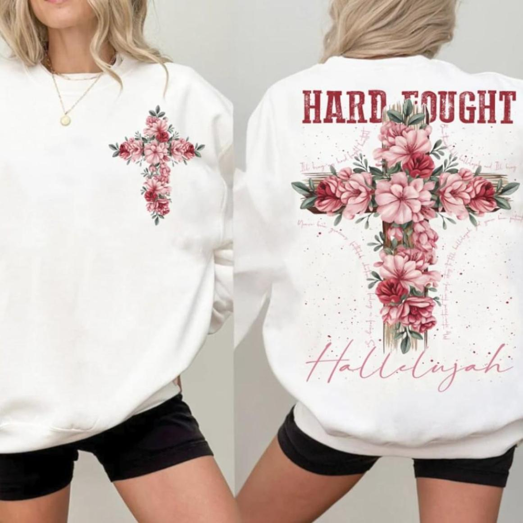 Hard Fought Hallelujah floral cross Christian shirt, small cross on front and full print on back