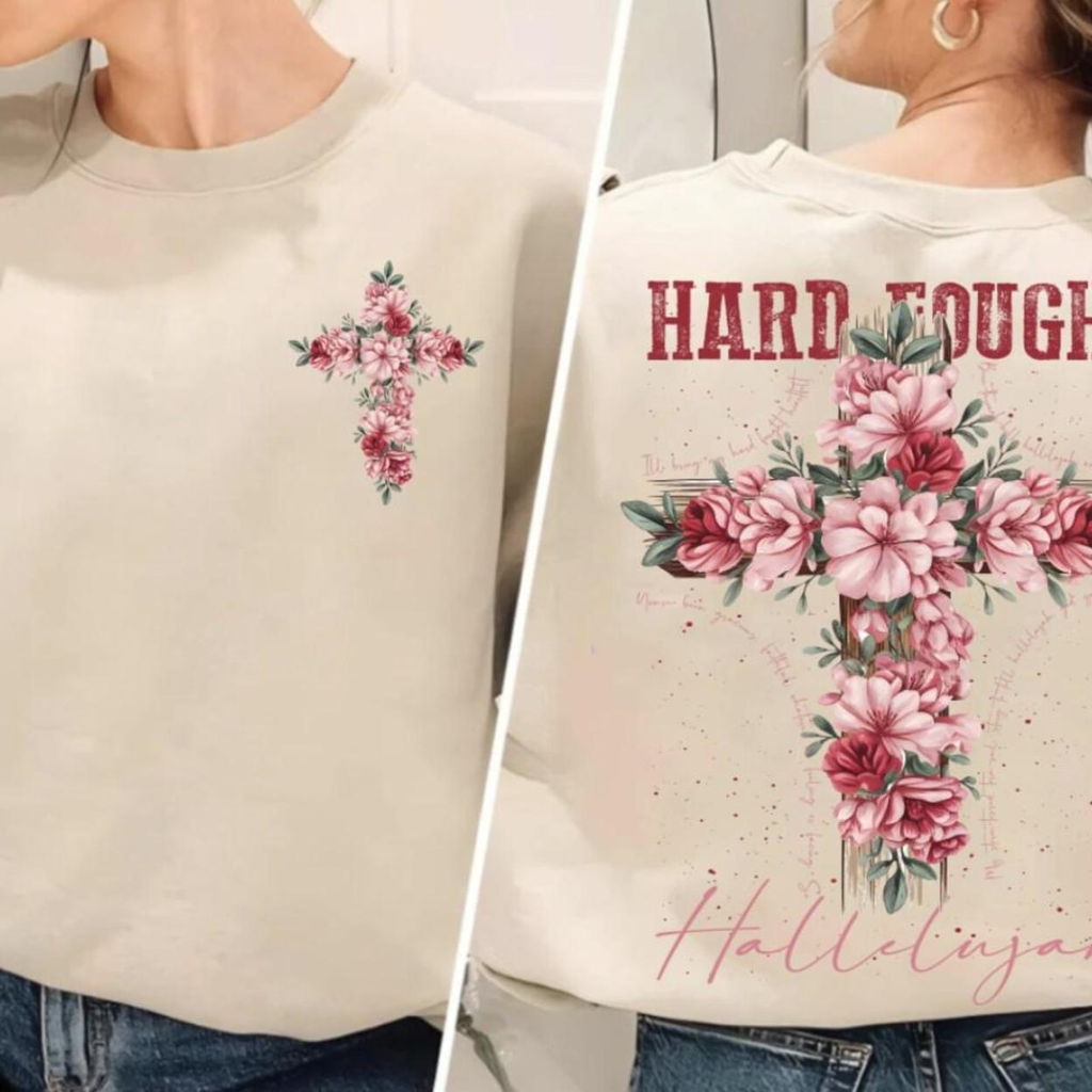 Hard Fought Hallelujah floral cross Christian shirt, small cross on front and full print on back
