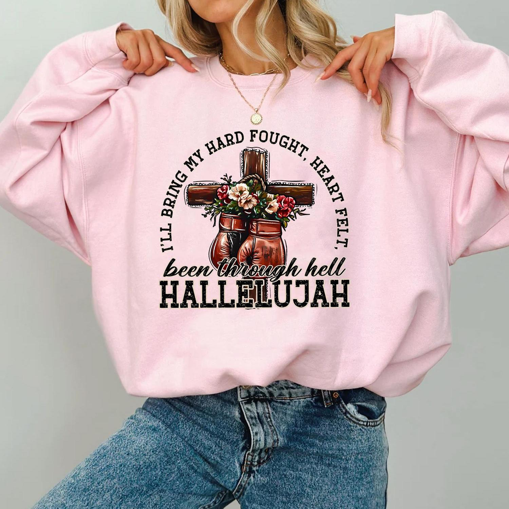 I'll bring my hard fought heartfelt been through hell Hallelujah, boxing gloves and floral cross Christian shirt