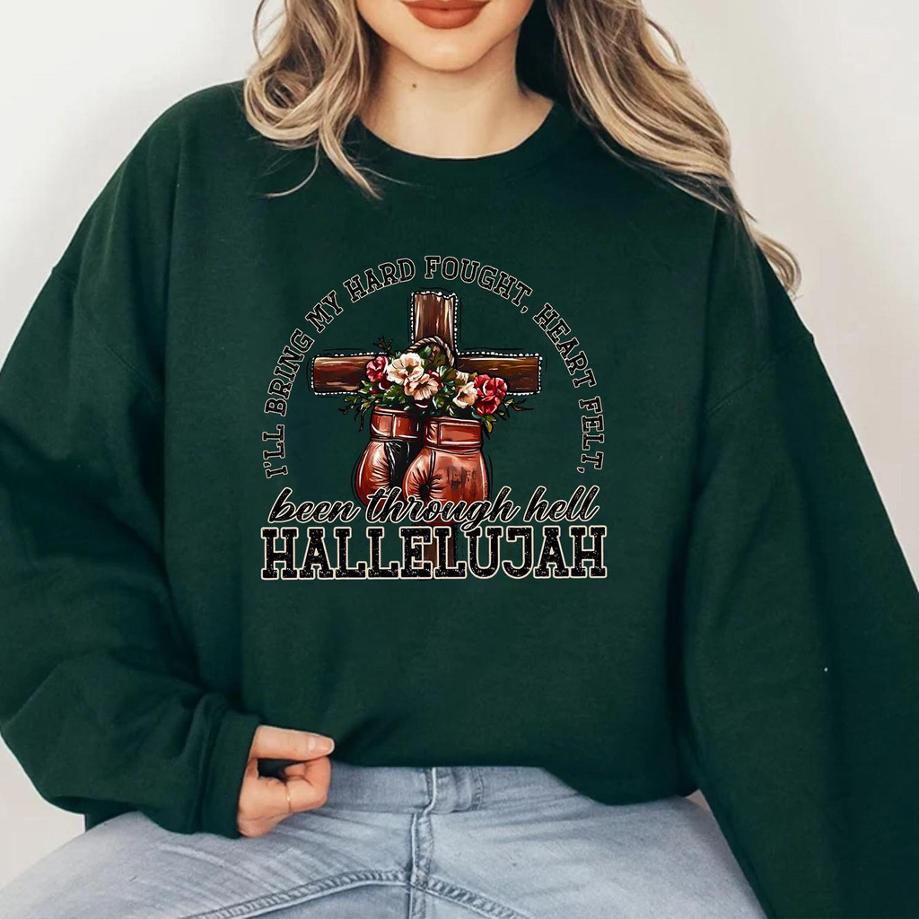 I'll bring my hard fought heartfelt been through hell Hallelujah, boxing gloves and floral cross Christian shirt