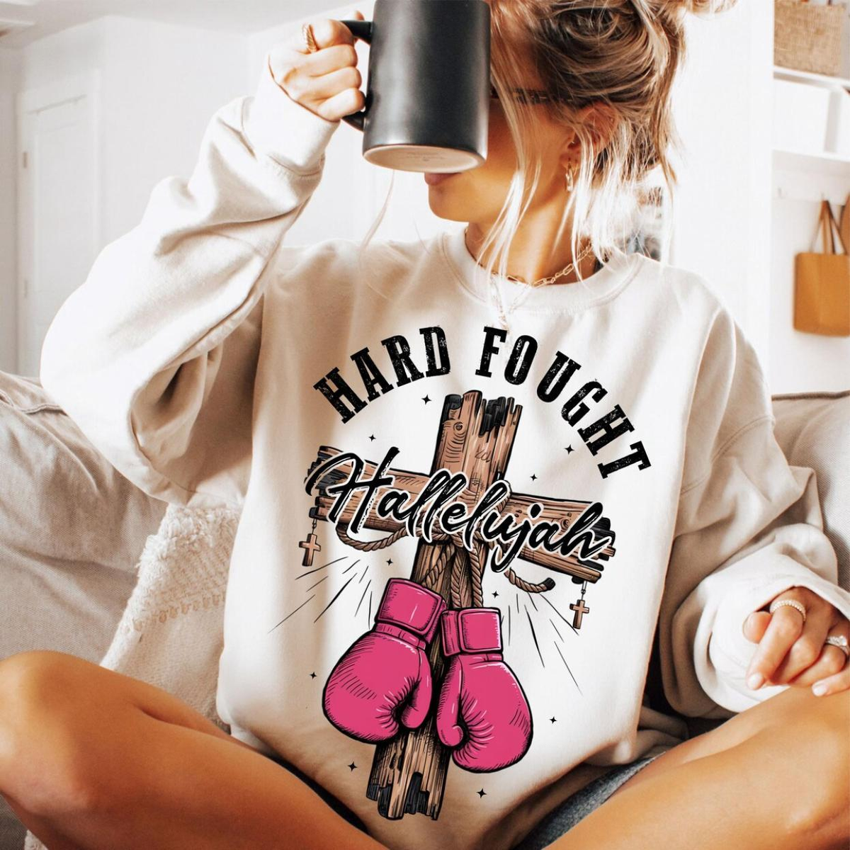 Hard Fought Hallelujah pink boxing gloves hanging on a wooden cross Christian shirt