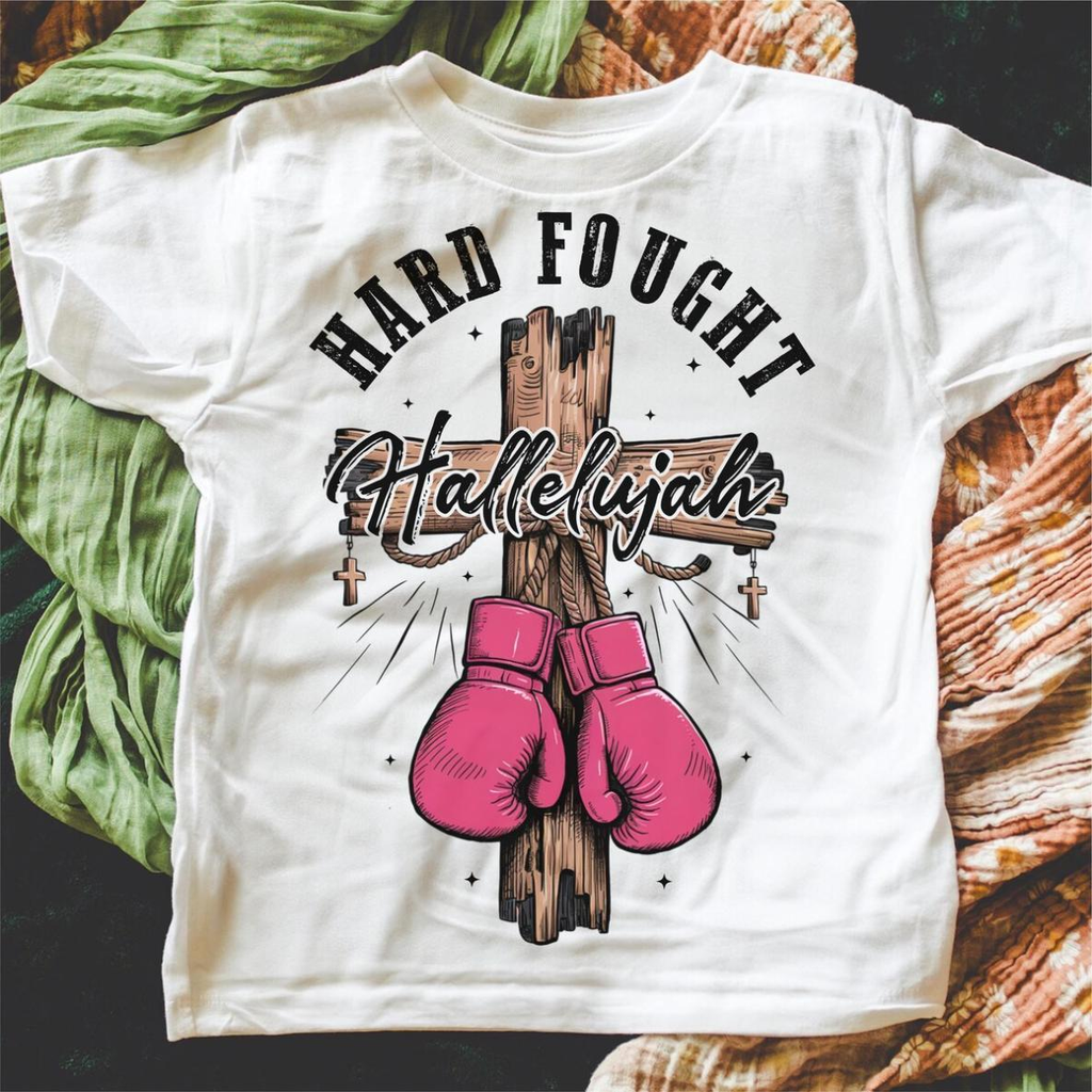 Hard Fought Hallelujah pink boxing gloves hanging on a wooden cross Christian shirt