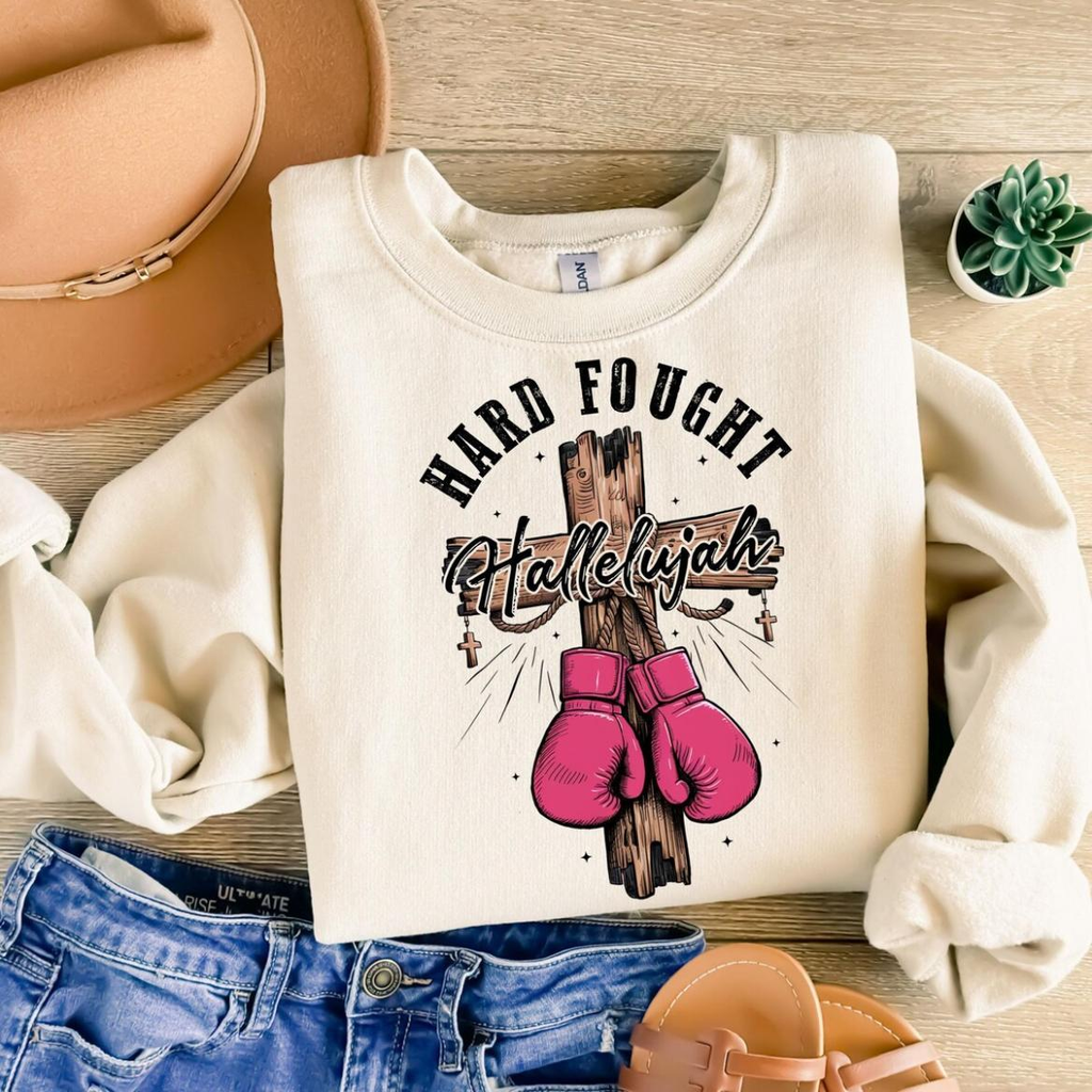Hard Fought Hallelujah pink boxing gloves hanging on a wooden cross Christian shirt