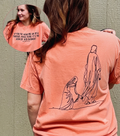 Hang By The Hem Of His Garment Comfort Colors tee, front verse text and back line-art of the woman touching Jesus' garment