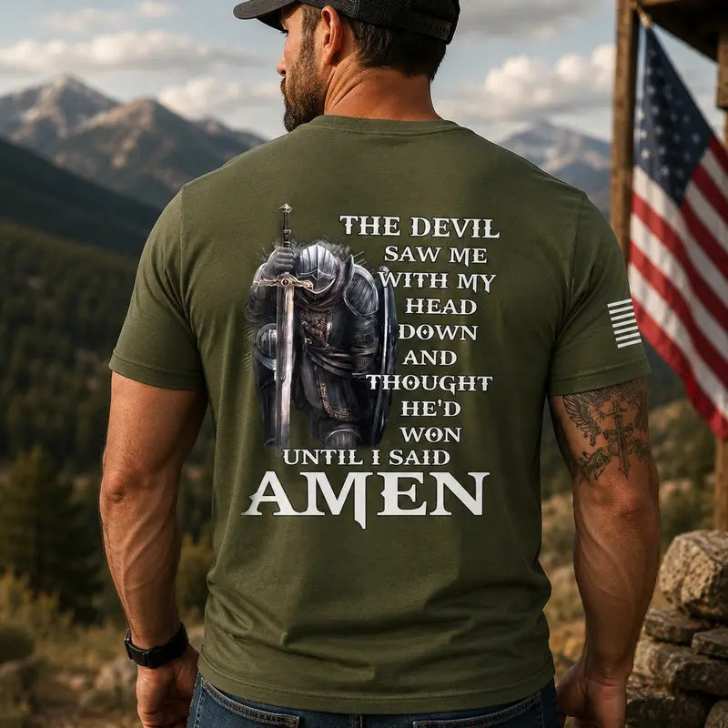 Devil Thought He'd Won military green tee back print