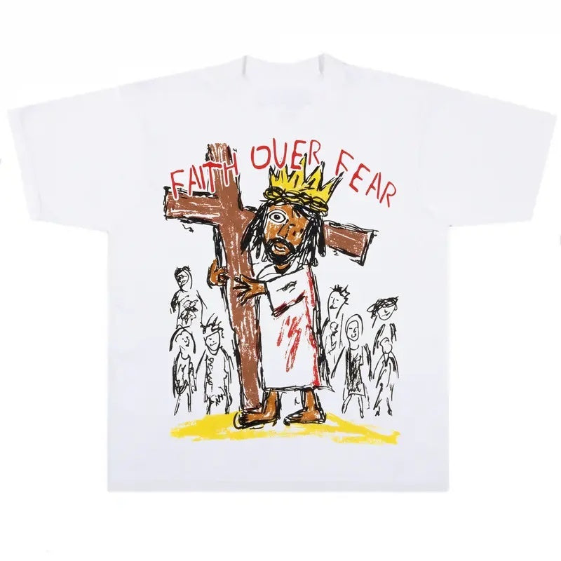Faith Over Fear crayon Jesus graphic white tee