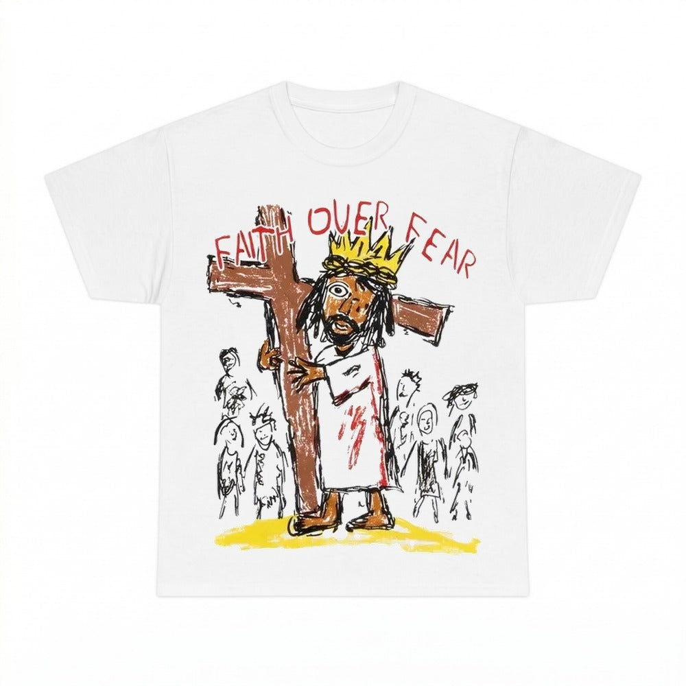 Faith Over Fear white Gildan tee flat lay