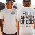 Ephesians 6:13 front badge and Full Armor of God back print white tee