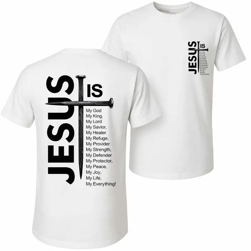 Jesus Is nail cross white tee front and back print