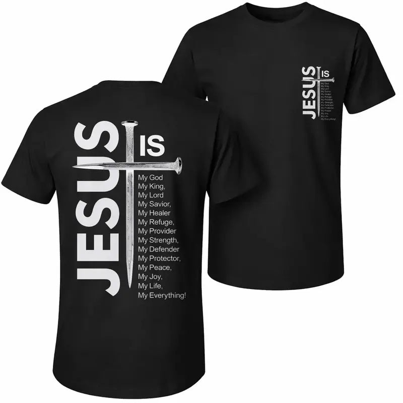 Jesus Is nail cross black tee front and back print