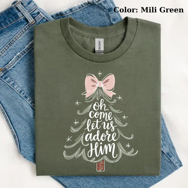 Oh Come Let Us Adore Him Christmas tree shirt military green