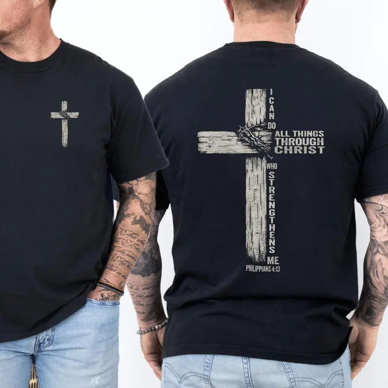 Philippians 4:13 double sided black tee front and back