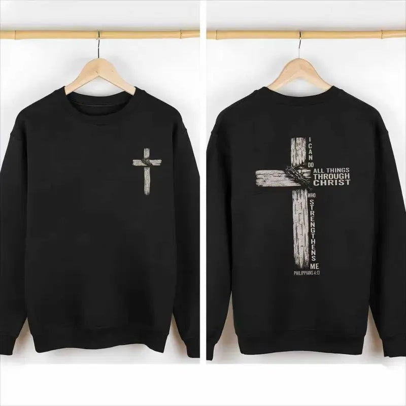 Philippians 4:13 black sweatshirt front and back