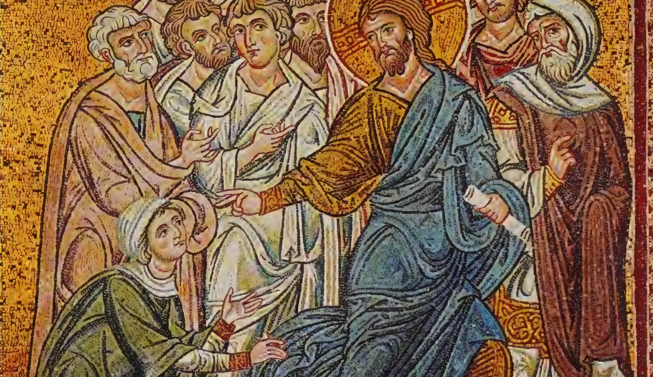 Jesus healing the woman who touched the hem of His garment — Matthew 9:20 (12th-century Monreale mosaic)
