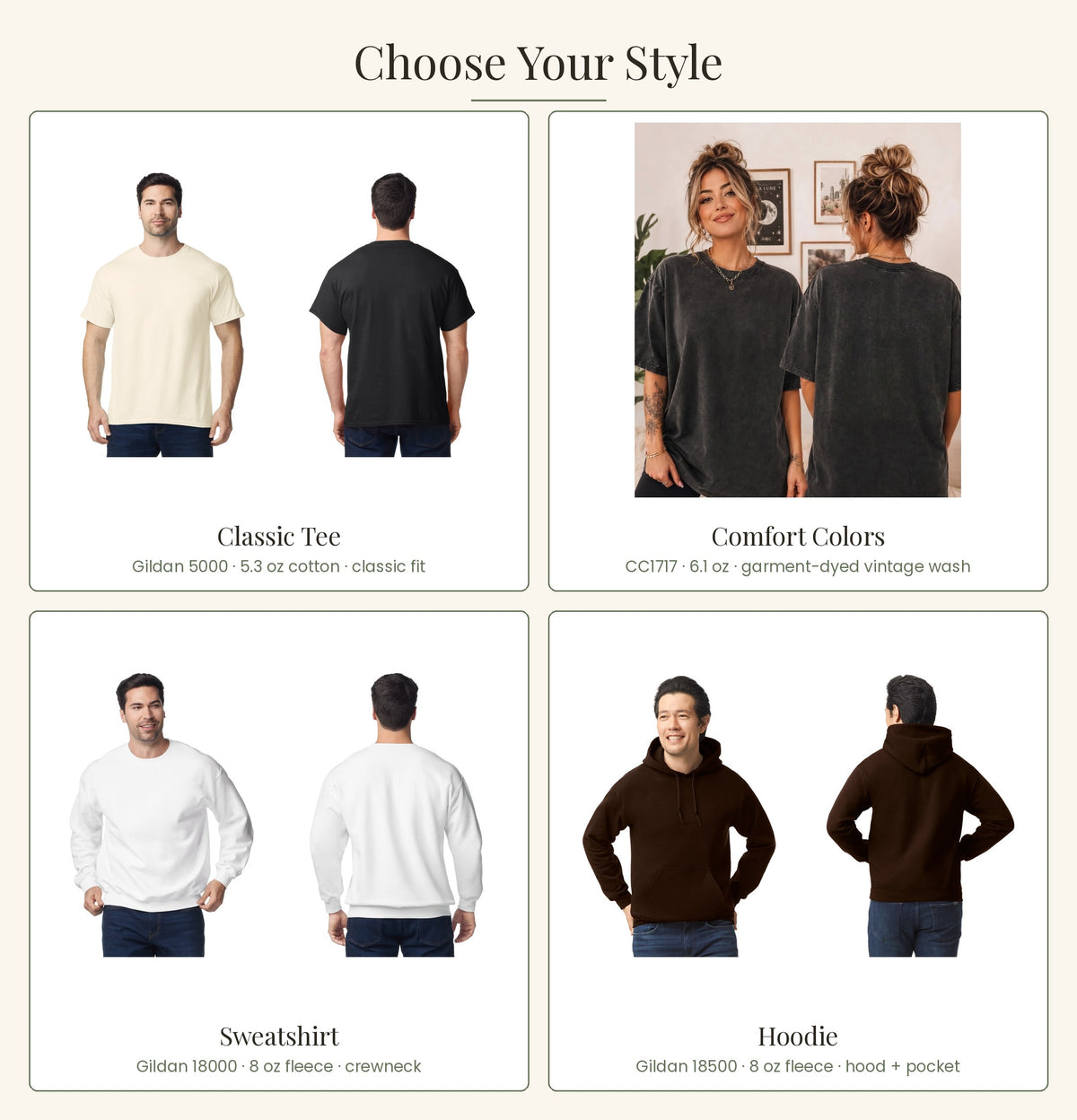 Style guide: Gildan 5000 classic tee, Comfort Colors 1717, sweatshirt and hoodie fabric details