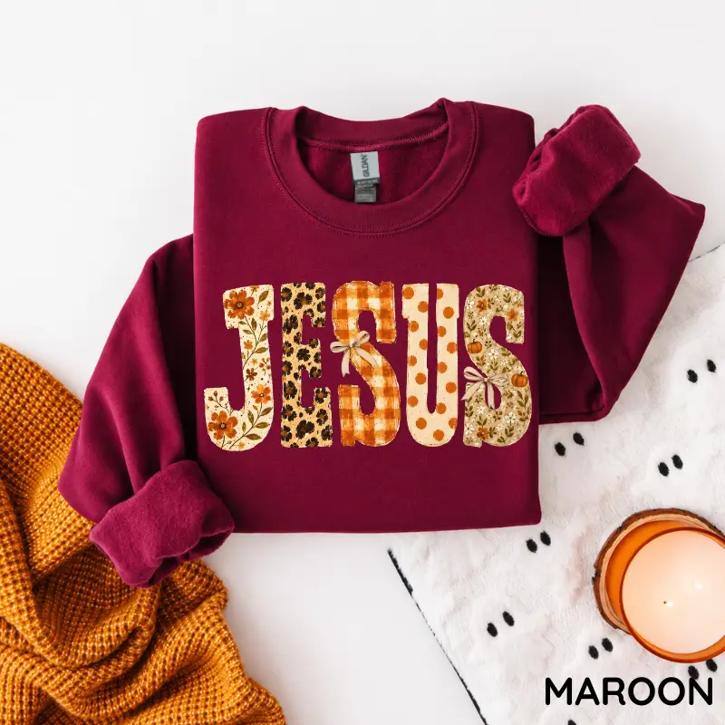 Jesus fall patchwork sweatshirt - floral leopard gingham polka dot letters