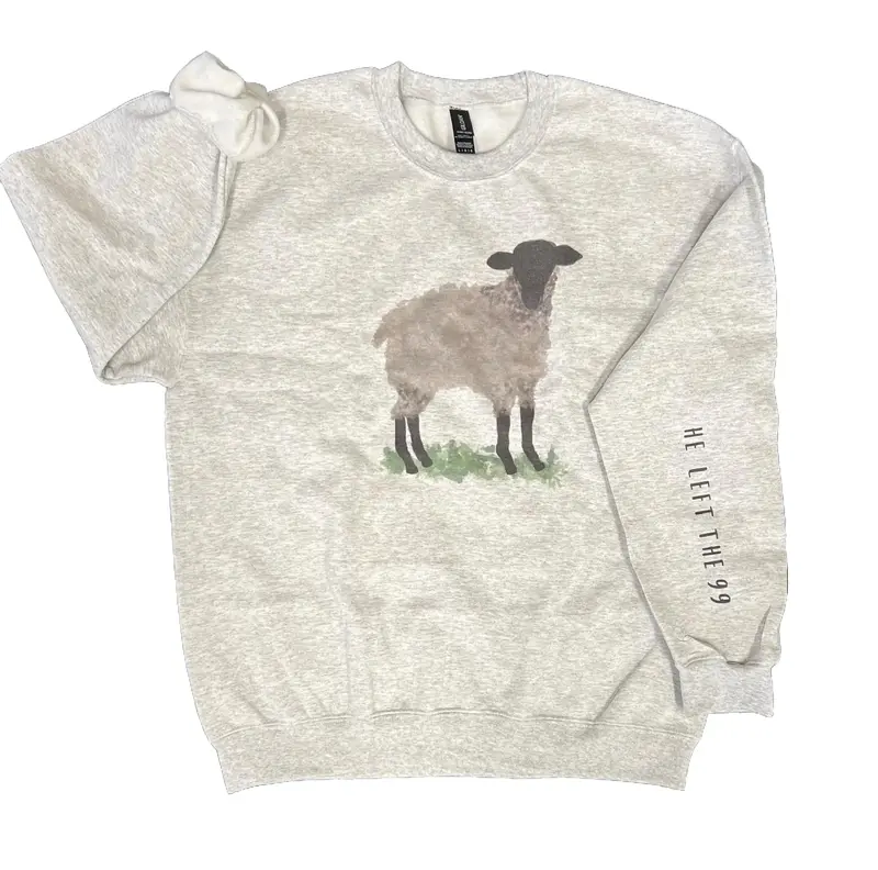 He Left The 99 sweatshirt with watercolor sheep on the chest and sleeve print on ash gray