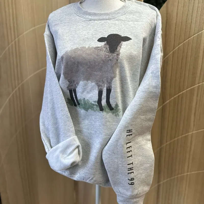 He Left The 99 sweatshirt with watercolor sheep on the chest and sleeve print on ash gray
