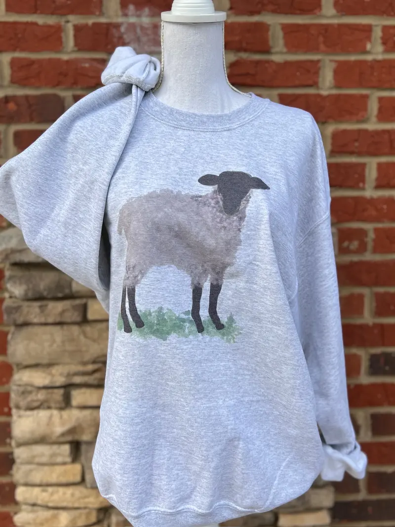 He Left The 99 sweatshirt with watercolor sheep on the chest and sleeve print on ash gray