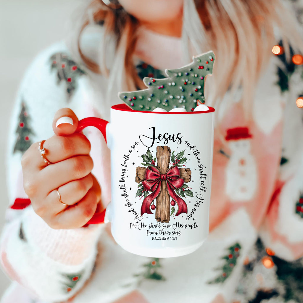 Call His Name Jesus Christmas Mug | Matthew 1:21 Cross Cup – Hem of Grace