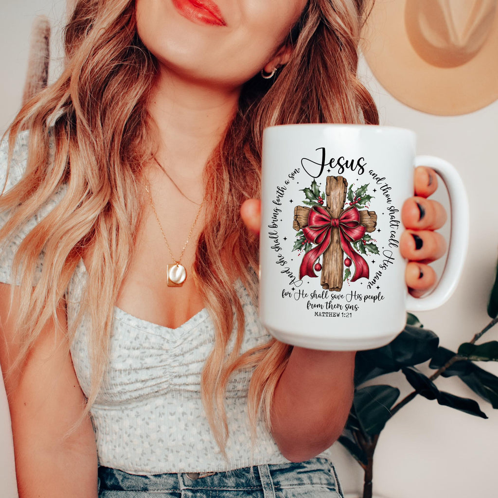 Call His Name Jesus Christmas Mug | Matthew 1:21 Cross Cup – Hem of Grace