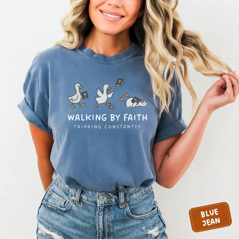 Walking By Faith Tripping Constantly funny goose Christian tee