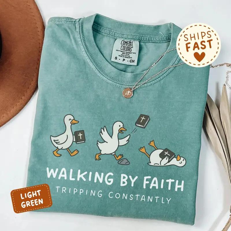 Walking By Faith Tripping Constantly funny goose Christian tee