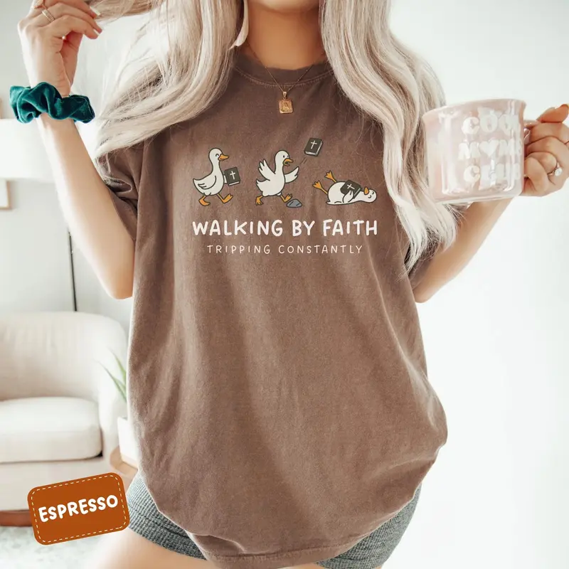 Walking By Faith Tripping Constantly funny goose Christian tee