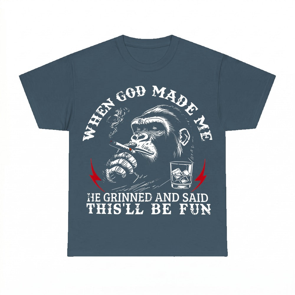 When God Made Me He Grinned shirt - Dark Heather